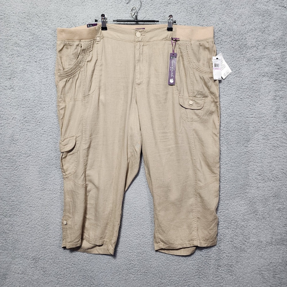 Gloria Vanderbilt Khaki Tori Plus Size 22w Linen Rayon Capri Elastic Pockets NWT